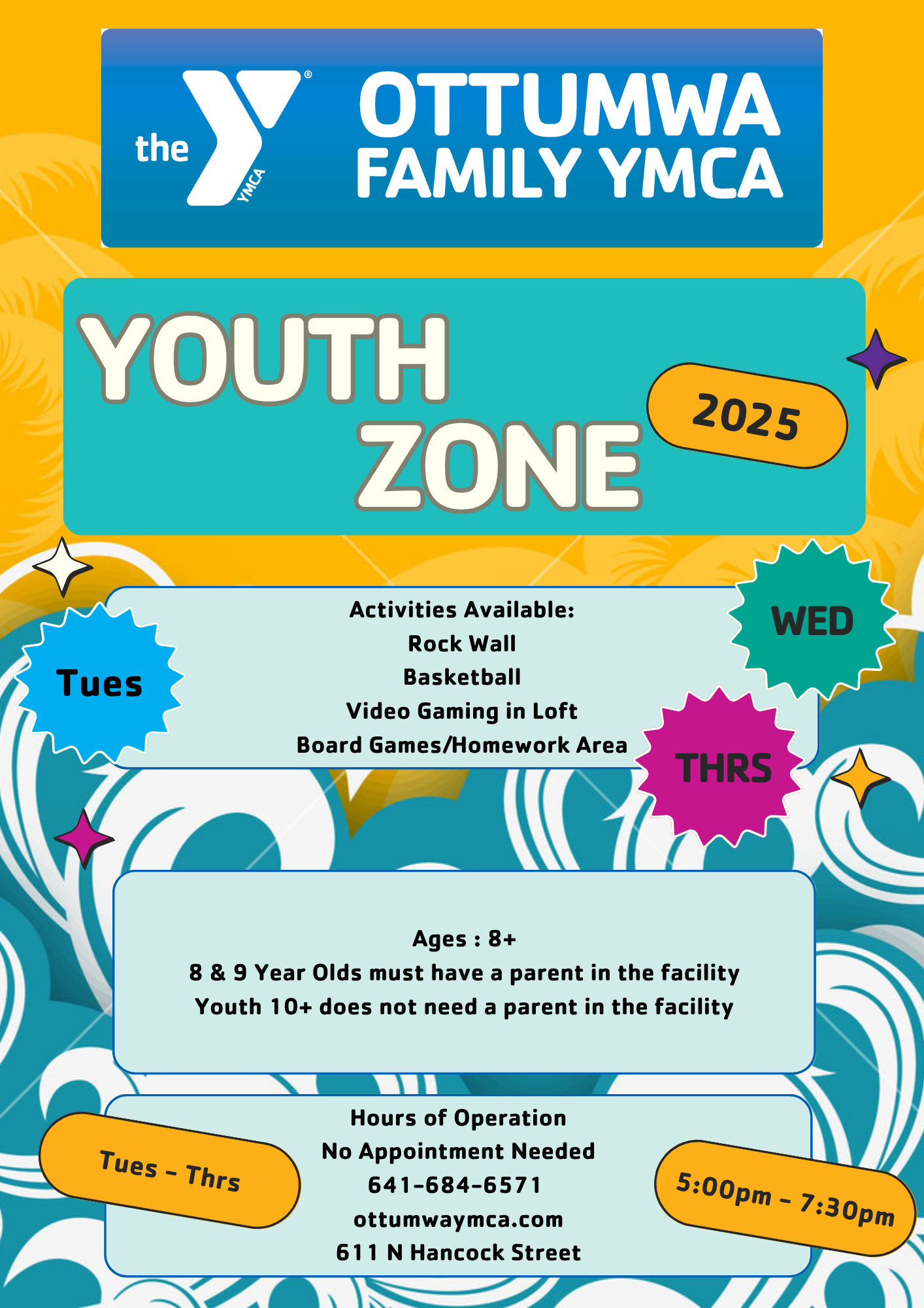 Flyer with hours and activities in the Youth Zone.